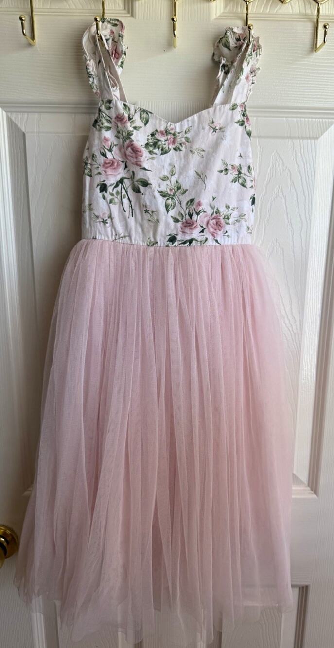 Girls Size 6 Pink Floral Fit & Flare Tulle Skirt Dress Sleeveless Bow Back